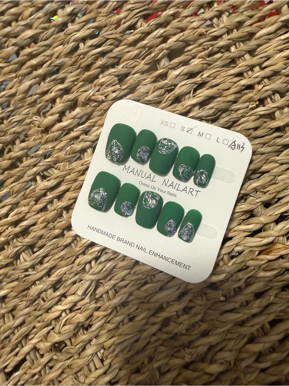 Green Matte Press-On Nails with Iridescent Gems